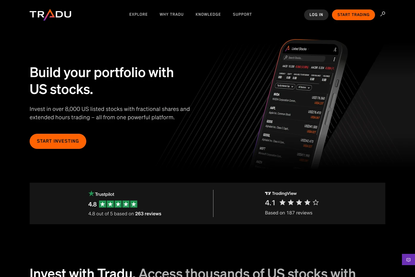Tradu website. Trading stocks and crypto web design